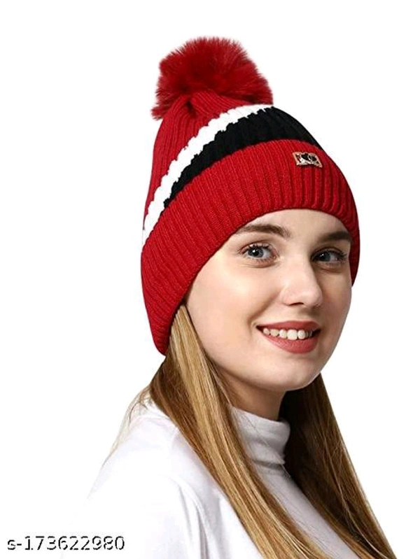 KANEEKSHI Women Winter Soft Warm Snow Proof Pom Pom cap (Inside Fur) Woolen BB-100MH - 1