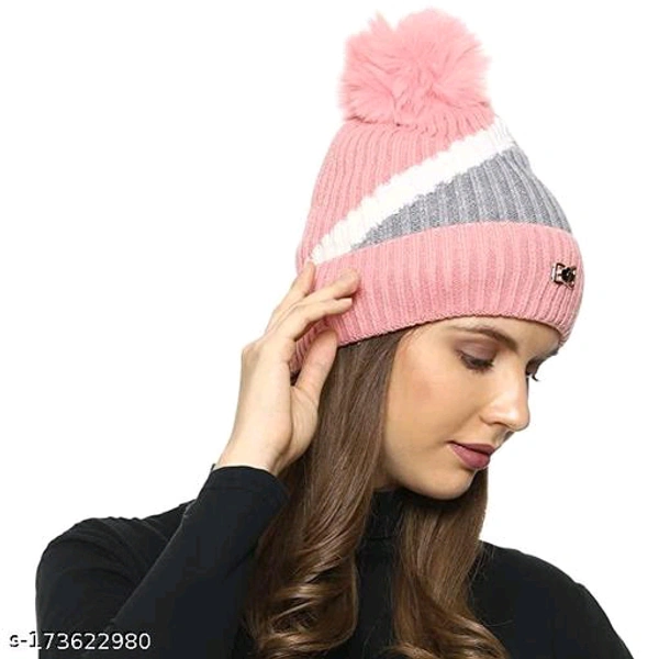 KANEEKSHI Women Winter Soft Warm Snow Proof Pom Pom cap (Inside Fur) Woolen BB-100MH - 2