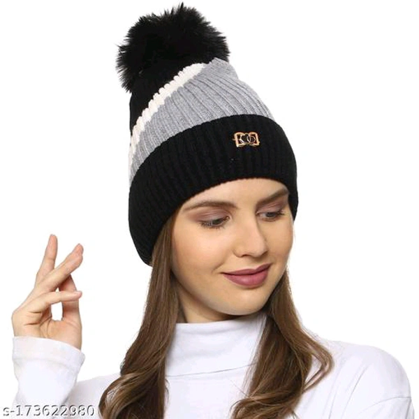 KANEEKSHI Women Winter Soft Warm Snow Proof Pom Pom cap (Inside Fur) Woolen BB-100MH - 3