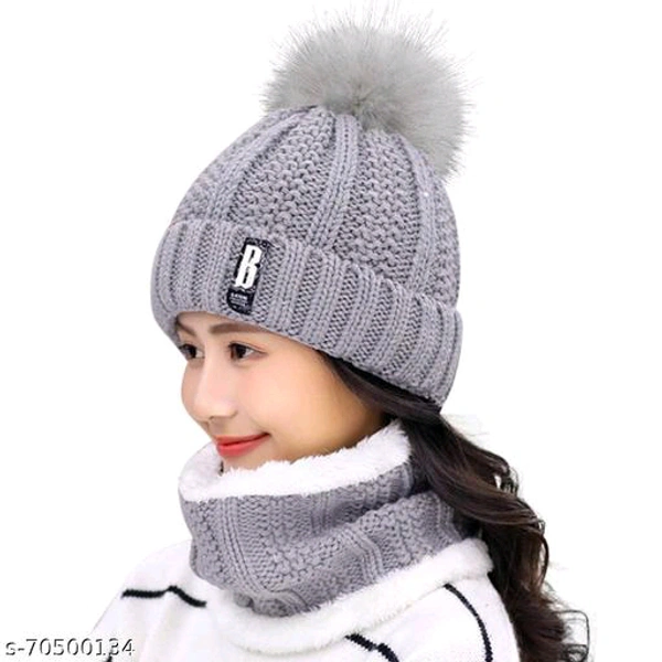 Beanie Hat and Circle Scarf Set for Women with Faux Fur Bobble Pom Pom and Fleece Lining BB-05MH - 1
