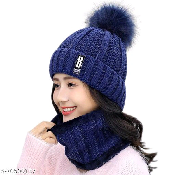 Beanie Hat and Circle Scarf Set for Women with Faux Fur Bobble Pom Pom and Fleece Lining BB-05MH - 2