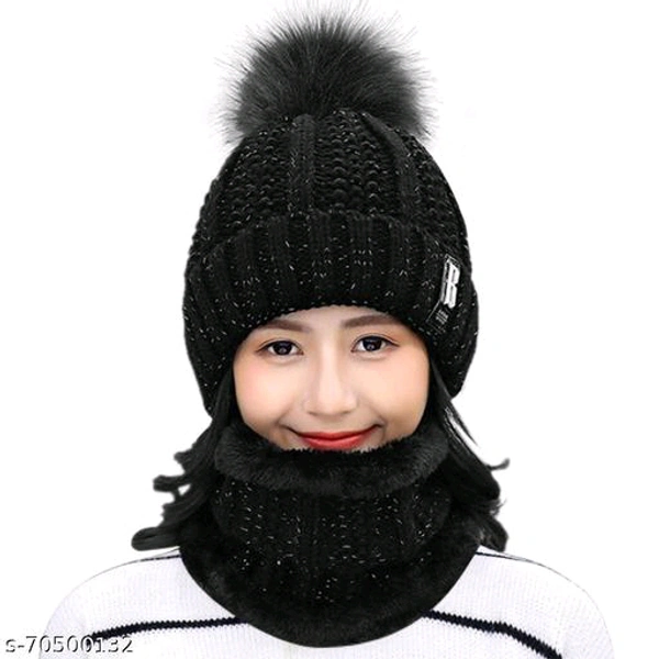 Beanie Hat and Circle Scarf Set for Women with Faux Fur Bobble Pom Pom and Fleece Lining BB-05MH - 3