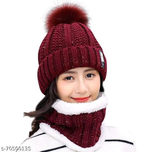  Beanie Hat and Circle Scarf Set for Women with Faux Fur Bobble Pom Pom and Fleece Lining BB-05MH - 4