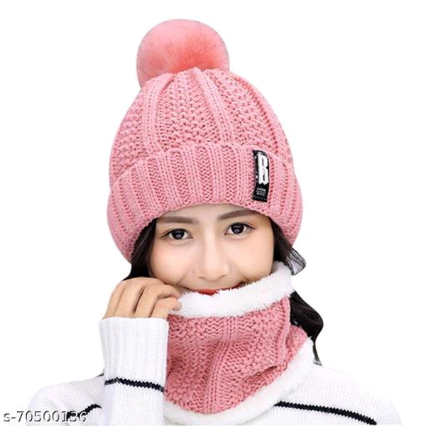  Beanie Hat and Circle Scarf Set for Women with Faux Fur Bobble Pom Pom and Fleece Lining BB-05MH - 5