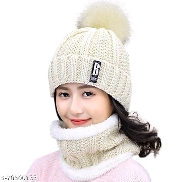  Beanie Hat and Circle Scarf Set for Women with Faux Fur Bobble Pom Pom and Fleece Lining BB-05MH - 6