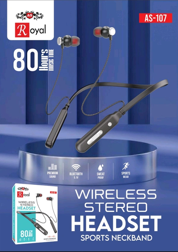 Royal AS- 107 Wireless Stereo Neckband 80Hour Battery Backup 