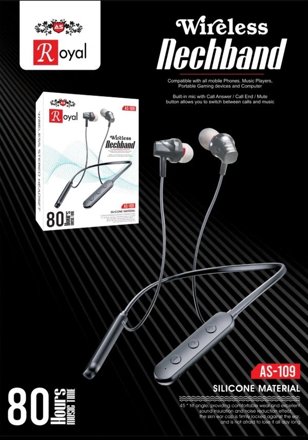 Royal AS- 109 Silicone Material Wireless Neckband 80 Hour Capacity 