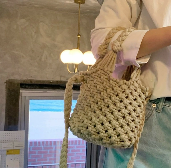 Macrame Handheld Bag - 20cmx22cm, Beige