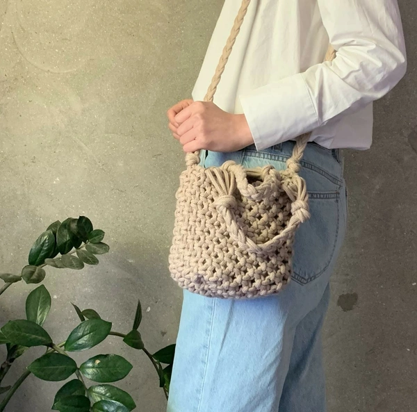 Macrame Handheld Bag - 20cmx22cm, Beige