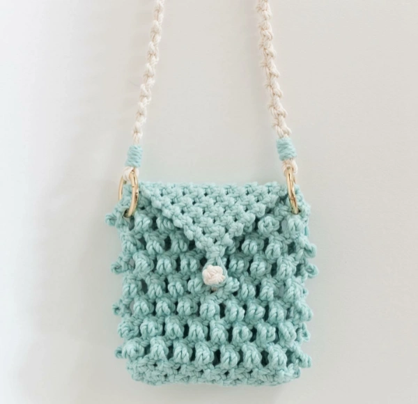 Macrame mobile Sling bag - 17cmx18cm, Turquiose