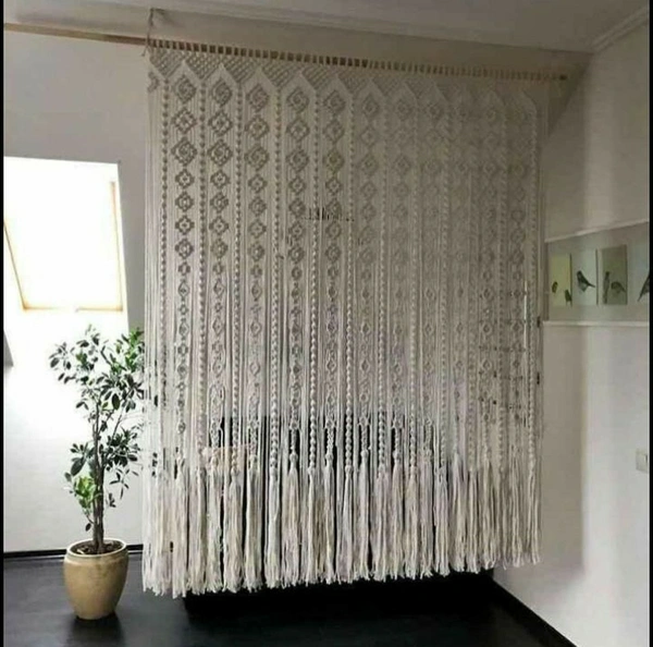 Macrame Curtain Cotton Geometric Rope Curtain (White, 7 X 3.5 Feet) - 7x3.5 feet, natural