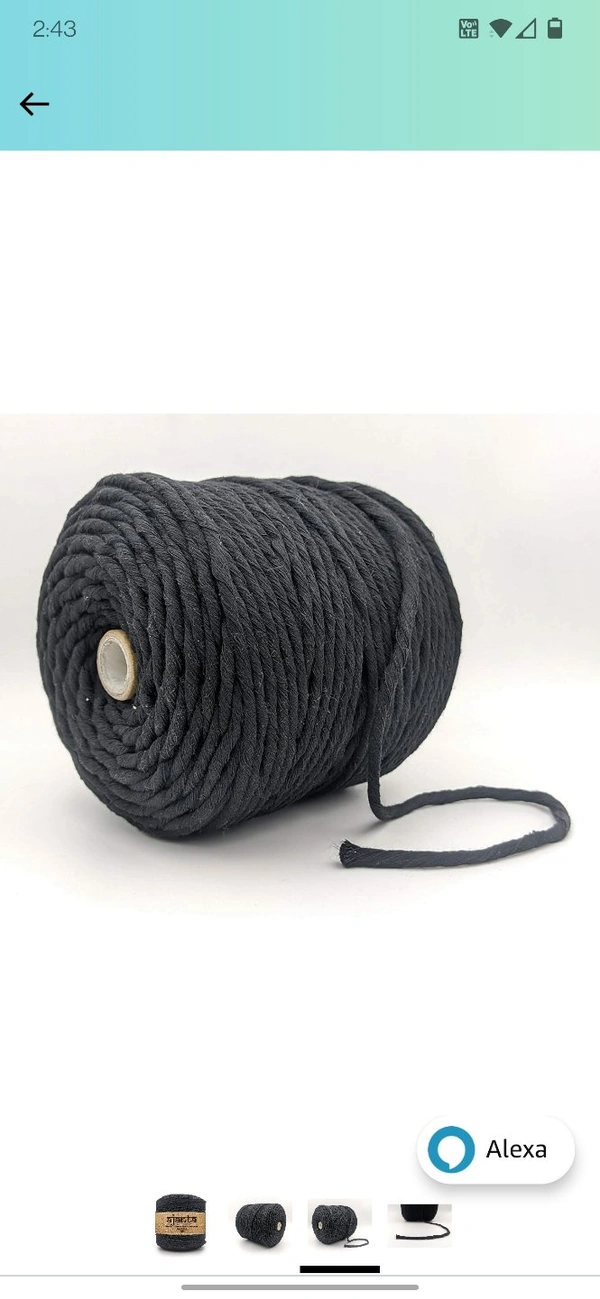 Macrame Cotton Single Strand Cord 3mm 100 Mtr - 100 mtr, Black