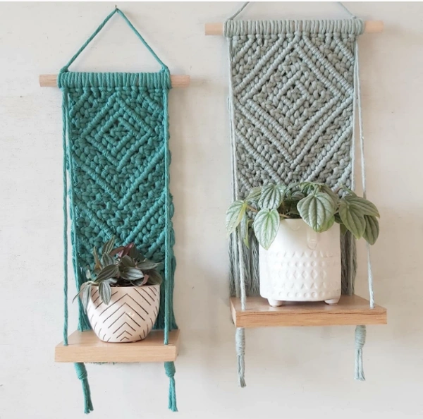 Macrame Shelf Plant Hanger 1 set - 25"x8", Turq