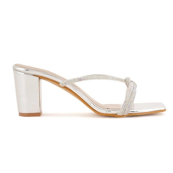 Fancy party wear block heel diamond slippers - Silver