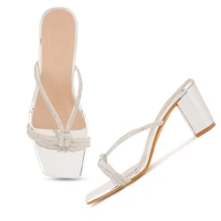 Fancy party wear block heel diamond slippers - Silver