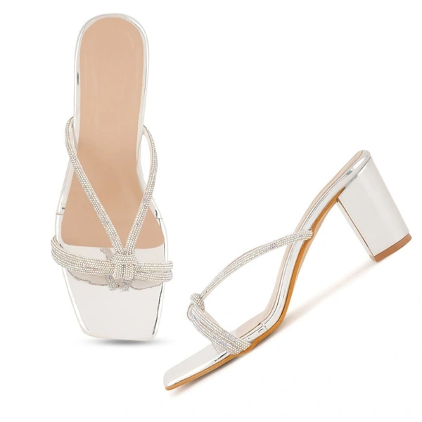 Fancy party wear block heel diamond slippers - Silver