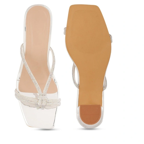 Fancy party wear block heel diamond slippers - Silver