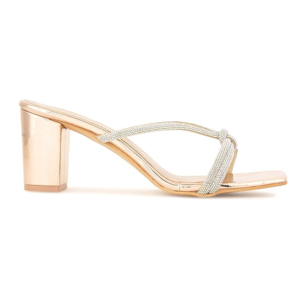 Fancy party wear block heel diamond slippers - Golden Sand