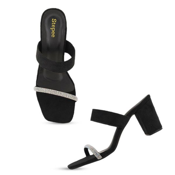 Swead block heel slippers with smart wear imported chain work - Black