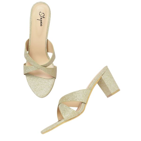 Simple smart partywear slippers block heel - Gold