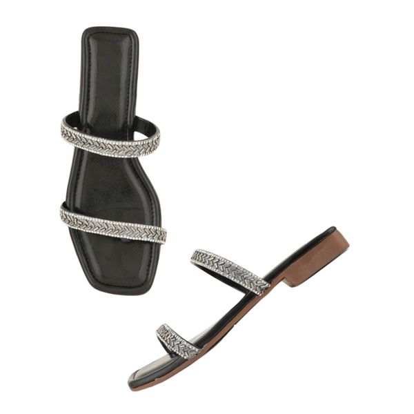 STEPEE Flat slipper for women with diamond chain G664 - Black