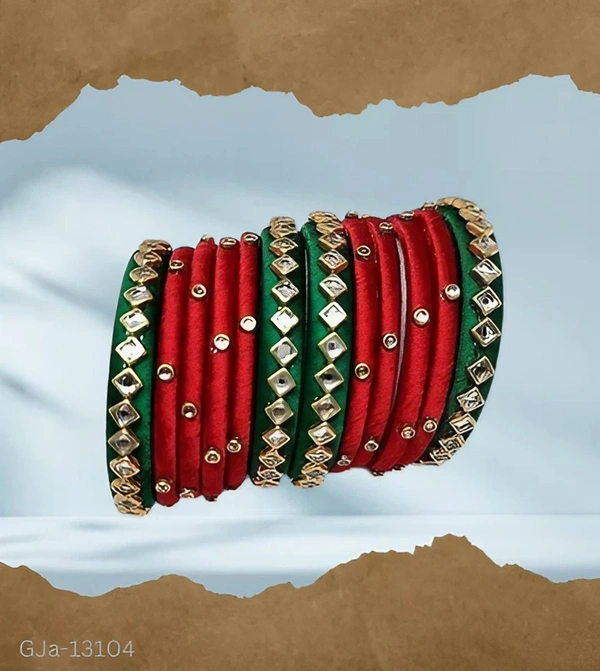 GJa-13104 Maroon-Green Silk Thread Bangle Set - 2.4