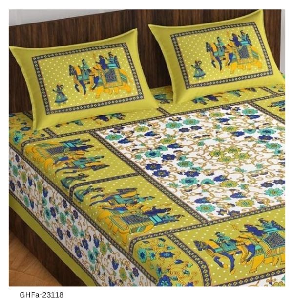GHFa-23118 Cotton Double Bedsheet With Pillow Cover - Queen, Yellow Multi