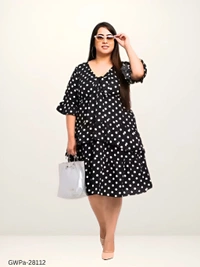 GWPa-28112 Women's Polka Dots V-neck Black Dresses - 4XL