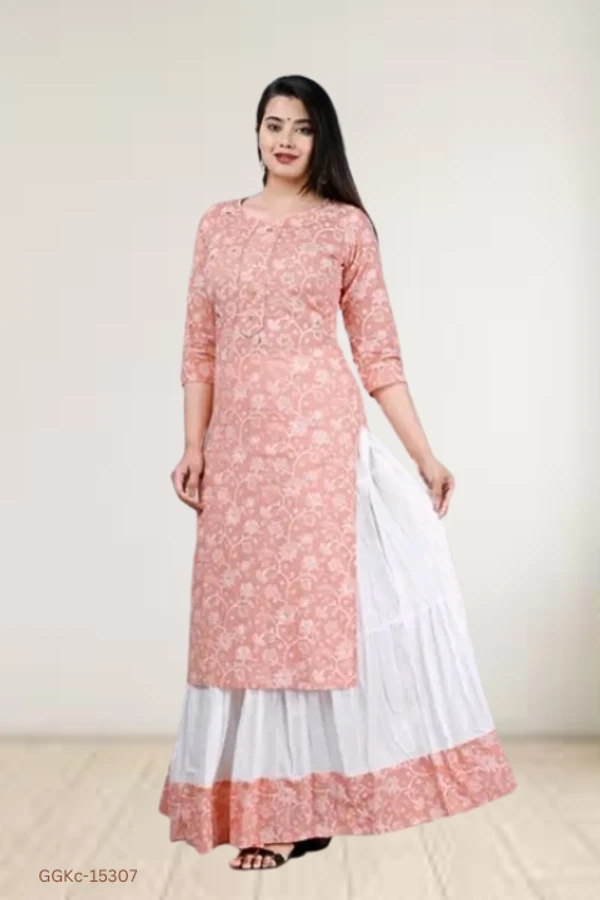 GGKc-15307 Women's Rayon Light Pink Kurta With Skirt - M