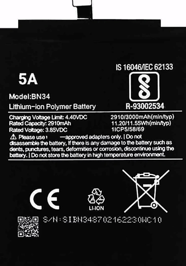 Red Mi 5A Full Cell Battery - Black