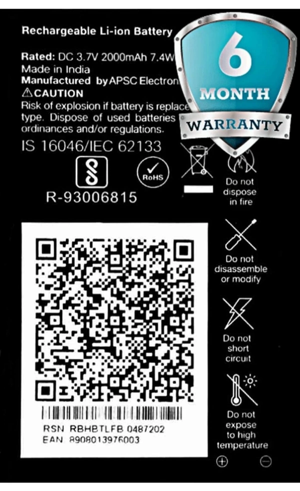 LYF Reliance Jio Lyf फ़ोन के लिए ओरिजिनल मोबाइल बैटरी - 2000mAh - 6 महीने की वारंटी - Black