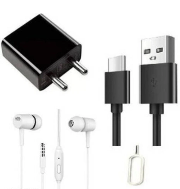 TAJ Charger+C Type Data Cable + Earphone + Sim Pin - White