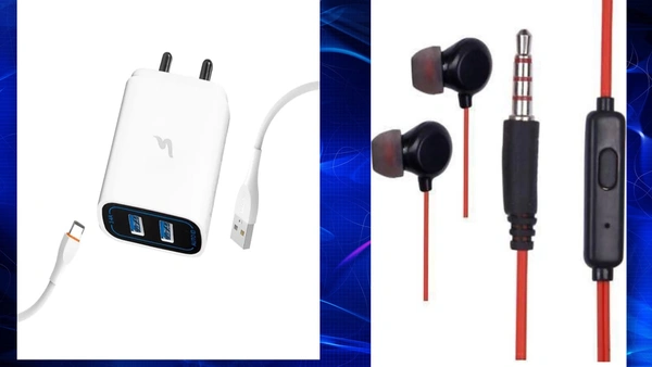 Double Port Fast Charger + Earphone - white , red