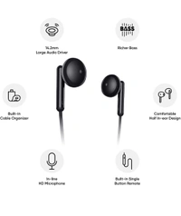 realme Buds क्लासिक वायर्ड ईयरफ़ोन 14.2 mm ड्राइवर, इन-लाइन HD माइक्रोफ़ोन, ऑर्गनाइज़र केबल और टेंगल फ़्री डिज़ाइन के साथ काला