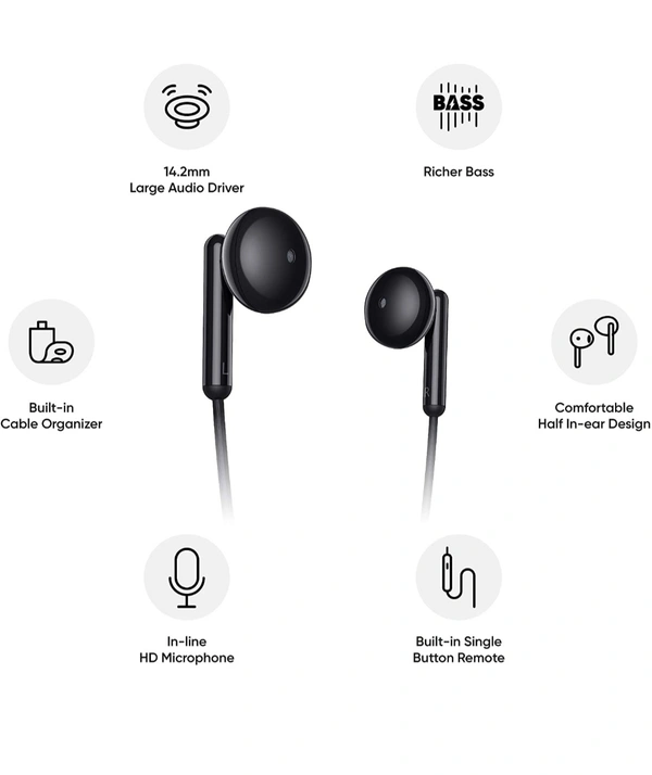 realme Buds क्लासिक वायर्ड ईयरफ़ोन 14.2 mm ड्राइवर, इन-लाइन HD माइक्रोफ़ोन, ऑर्गनाइज़र केबल और टेंगल फ़्री डिज़ाइन के साथ काला