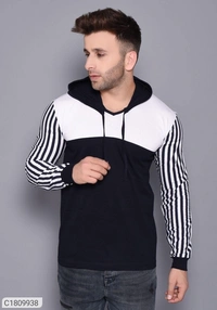 Color Block Sleeves Hooded T-shirt  - black, white , M