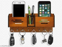 Wooden Wall Mounted Key And Mobile Holder - Brown, 26cm