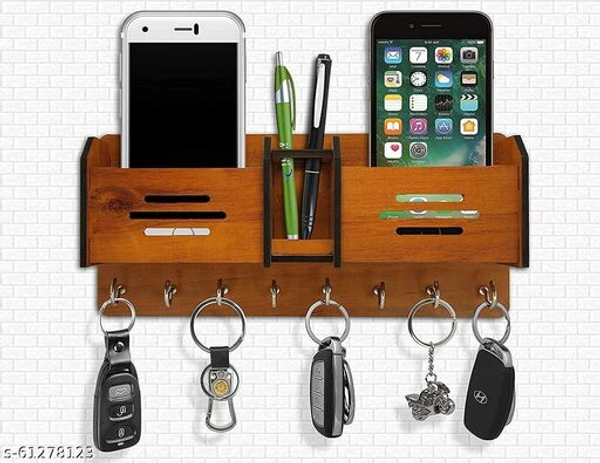 Wooden Wall Mounted Key And Mobile Holder - Brown, 26cm