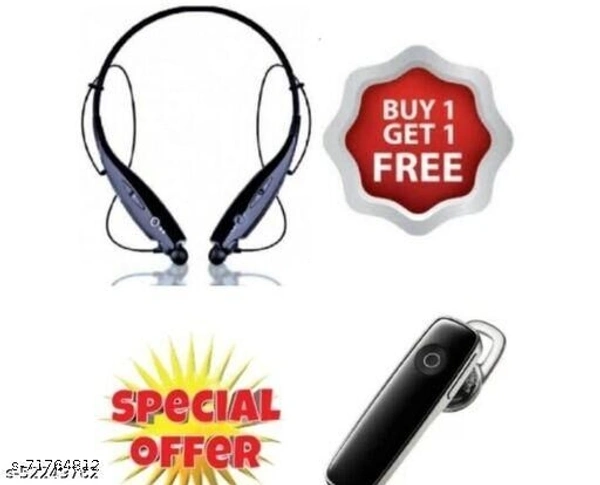 Combo of One hbs 730 neckband & single bluetooth headset with good sound quality and free charging cable ( assorted colours ) - free size