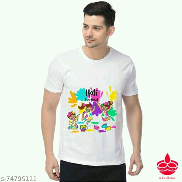 HOLI T-SHIRT.Fabric: PolycottonPattern: PrintedSleeve Length: Short SleevesMultipack: 1This is Holi printed t-shirt. This T-shirt conatin 100 GSM of polyster fabric.This is polyster t-shirt Sizes: 
