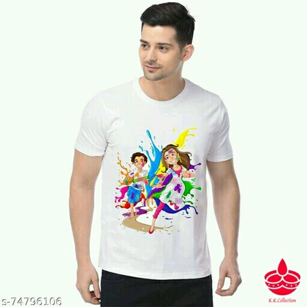 HOLI T-SHIRT.Fabric: PolycottonPattern: PrintedSleeve Length: Short SleevesMultipack: 1This is Holi printed t-shirt. This T-shirt conatin 100 GSM of polyster fabric.This is polyster t-shirt Sizes: 