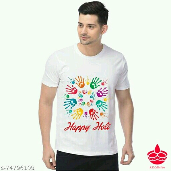 HOLI T-SHIRT.Fabric: PolycottonPattern: PrintedSleeve Length: Short SleevesMultipack: 1This is Holi printed t-shirt. This T-shirt conatin 100 GSM of polyster fabric.This is polyster t-shirt Sizes: 