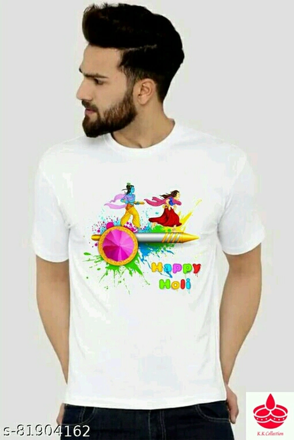 HOLI T-SHIRTName: HOLI T-SHIRTFabric: PolyesterSleeve Length: Short SleevesPattern: PrintedMultipack: 1Sizes:S (Chest Size: 34 in, Length Size: 24 in) M (Chest Size: 38 in, Length Size: 26 in) L (Chest Size: 42 in, Length Size: 28 in) XL (Chest Size: 44 in, Length Size: 29 in) Country of Origin: India