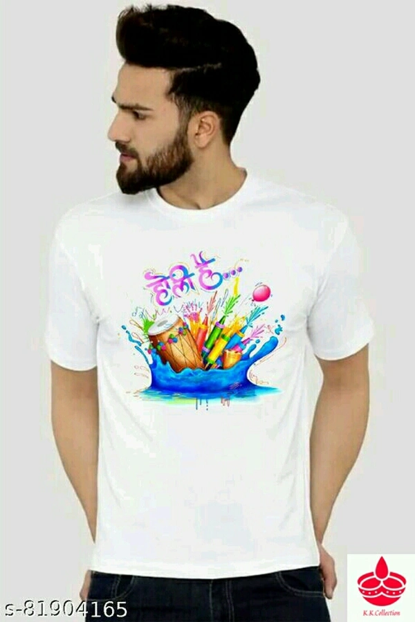 HOLI T-SHIRTName: HOLI T-SHIRTFabric: PolyesterSleeve Length: Short SleevesPattern: PrintedMultipack: 1Sizes:S (Chest Size: 34 in, Length Size: 24 in) M (Chest Size: 38 in, Length Size: 26 in) L (Chest Size: 42 in, Length Size: 28 in) XL (Chest Size: 44 in, Length Size: 29 in) Country of Origin: India