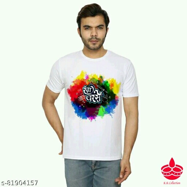 HOLI T-SHIRTName: HOLI T-SHIRTFabric: PolyesterSleeve Length: Short SleevesPattern: PrintedMultipack: 1Sizes:S (Chest Size: 34 in, Length Size: 24 in) M (Chest Size: 38 in, Length Size: 26 in) L (Chest Size: 42 in, Length Size: 28 in) XL (Chest Size: 44 in, Length Size: 29 in) Country of Origin: India