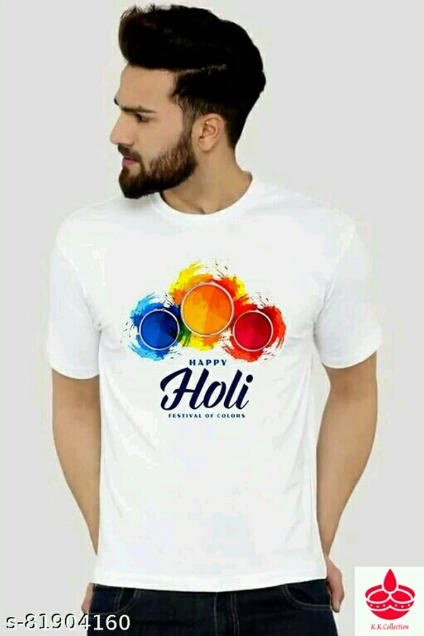 HOLI T-SHIRTName: HOLI T-SHIRTFabric: PolyesterSleeve Length: Short SleevesPattern: PrintedMultipack: 1Sizes:S (Chest Size: 34 in, Length Size: 24 in) M (Chest Size: 38 in, Length Size: 26 in) L (Chest Size: 42 in, Length Size: 28 in) XL (Chest Size: 44 in, Length Size: 29 in) Country of Origin: India