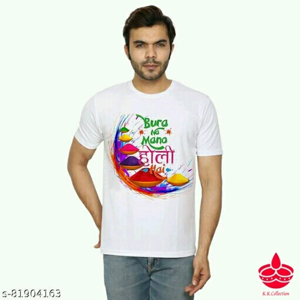 HOLI T-SHIRTName: HOLI T-SHIRTFabric: PolyesterSleeve Length: Short SleevesPattern: PrintedMultipack: 1Sizes:S (Chest Size: 34 in, Length Size: 24 in) M (Chest Size: 38 in, Length Size: 26 in) L (Chest Size: 42 in, Length Size: 28 in) XL (Chest Size: 44 in, Length Size: 29 in) Country of Origin: India