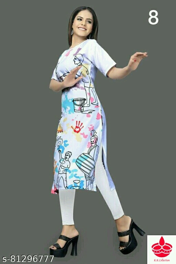 Holi Special Kurti Fabric: CrepeSleeve Length: Three-Quarter SleevesPattern: PrintedCombo of: SingleSizes:L (Bust Size: 38 in) XL (Bust Size: 40 in) XXL (Bust Size: 42 in) Free Size (Bust Size: 42 in) Country of Origin: India