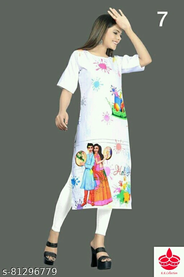 Holi Special Kurti Fabric: CrepeSleeve Length: Three-Quarter SleevesPattern: PrintedCombo of: SingleSizes:L (Bust Size: 38 in) XL (Bust Size: 40 in) XXL (Bust Size: 42 in) Free Size (Bust Size: 42 in) Country of Origin: India