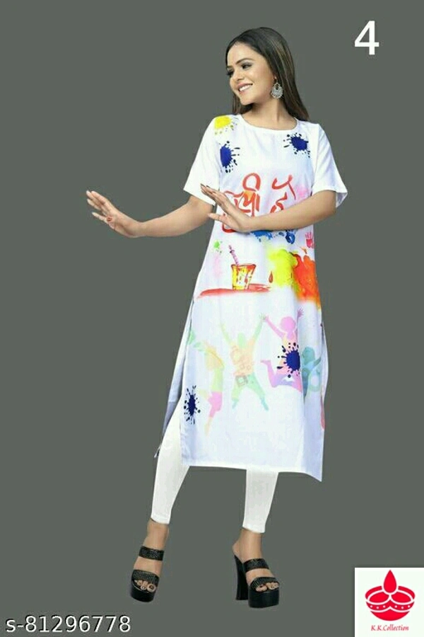 Holi Special Kurti Fabric: CrepeSleeve Length: Three-Quarter SleevesPattern: PrintedCombo of: SingleSizes:L (Bust Size: 38 in) XL (Bust Size: 40 in) XXL (Bust Size: 42 in) Free Size (Bust Size: 42 in) Country of Origin: India